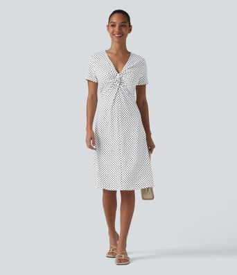 V Neck Short Sleeve Polka Dot Knee Length Casual Dress