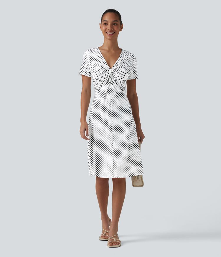 V Neck Short Sleeve Polka Dot Knee Length Casual Dress