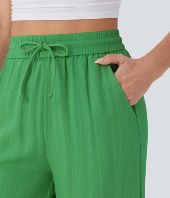 High Waisted Drawstring Pocket Wide Leg Casual Linen-Feel Trousers
