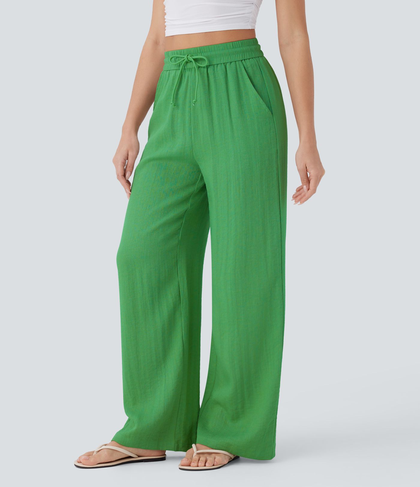 High Waisted Drawstring Pocket Wide Leg Casual Linen-Feel Trousers