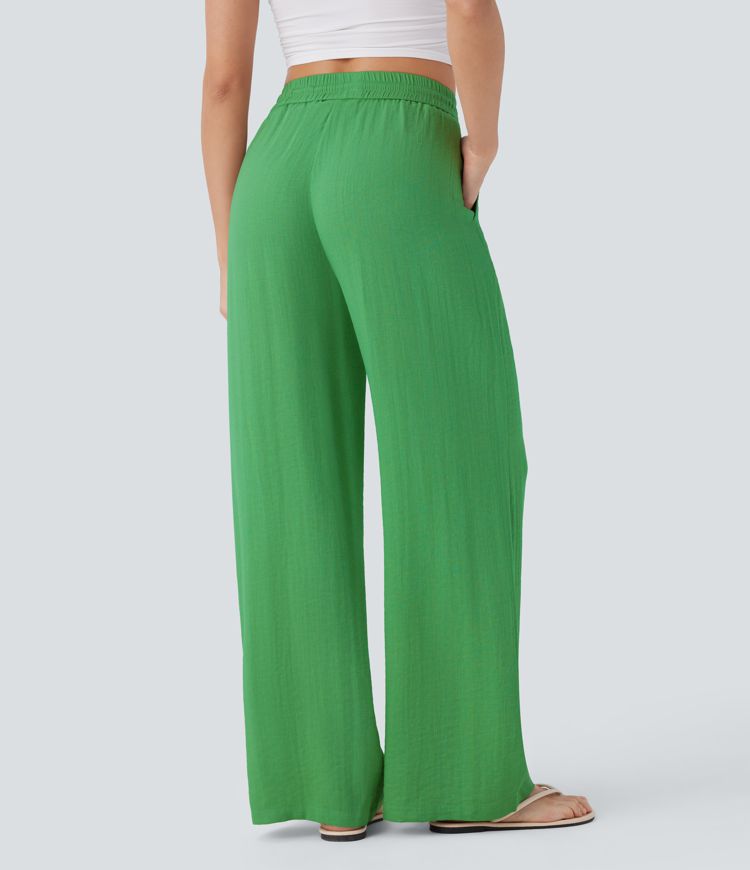 High Waisted Drawstring Pocket Wide Leg Casual Linen-Feel Trousers