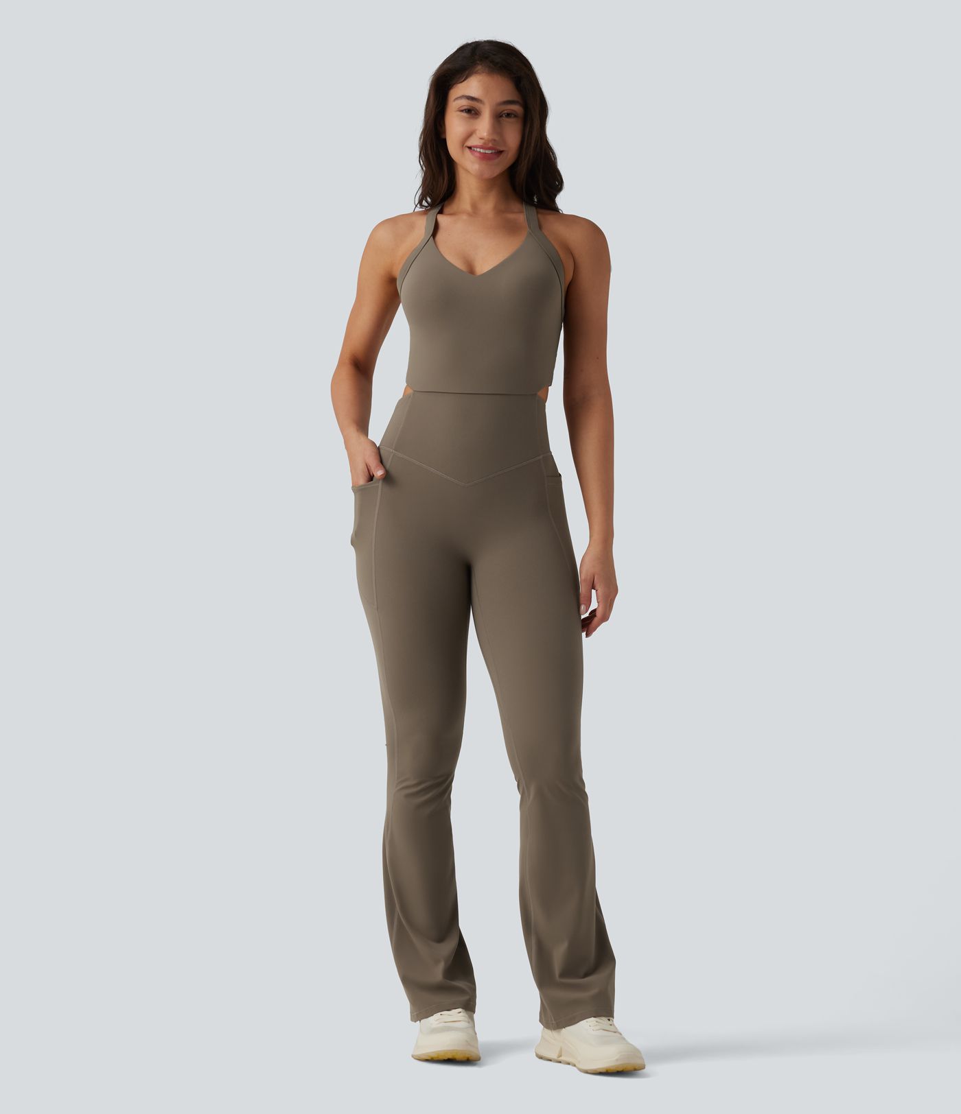 Halara UltraSculpt™ Twisted Backless Tummy Control Butt Lifting Bootcut Workout Jumpsuit with Pockets-Easy Peezy Edition