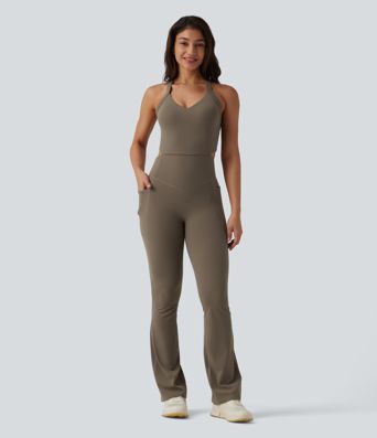 Halara UltraSculpt™ Twisted Backless Tummy Control Butt Lifting Bootcut Workout Jumpsuit with Pockets-Easy Peezy Edition