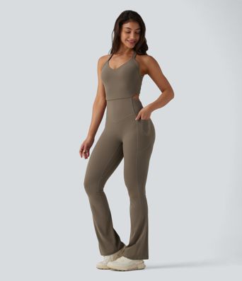 Halara UltraSculpt™ Twisted Backless Tummy Control Butt Lifting Bootcut Workout Jumpsuit with Pockets-Easy Peezy Edition