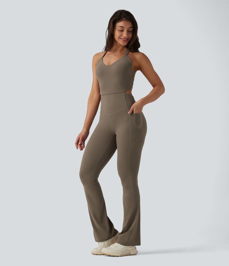 Halara UltraSculpt™ Twisted Backless Tummy Control Butt Lifting Bootcut Workout Jumpsuit with Pockets-Easy Peezy Edition