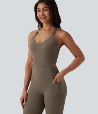 Halara UltraSculpt™ Twisted Backless Tummy Control Butt Lifting Bootcut Workout Jumpsuit with Pockets-Easy Peezy Edition