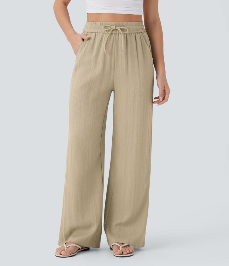 High Waisted Drawstring Pocket Wide Leg Casual Linen-Feel Pants
