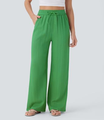 High Waisted Drawstring Pocket Wide Leg Casual Linen-Feel Trousers