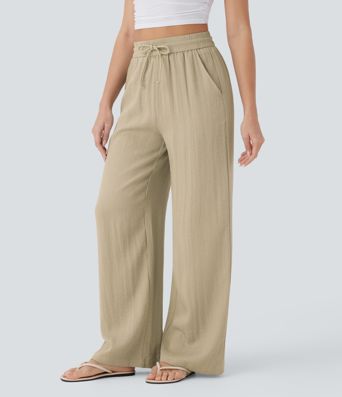High Waisted Drawstring Pocket Wide Leg Casual Linen-Feel Pants