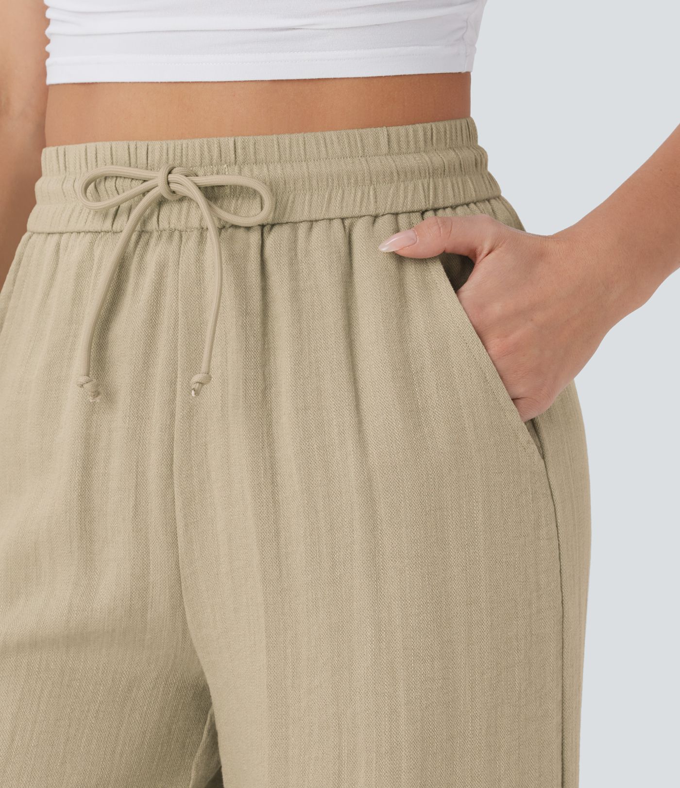 High Waisted Drawstring Pocket Wide Leg Casual Linen-Feel Pants