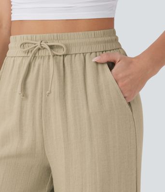 High Waisted Drawstring Pocket Wide Leg Casual Linen-Feel Pants