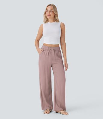 Casual trousers with a linen feel, high waist, drawstring at the side and wide leg