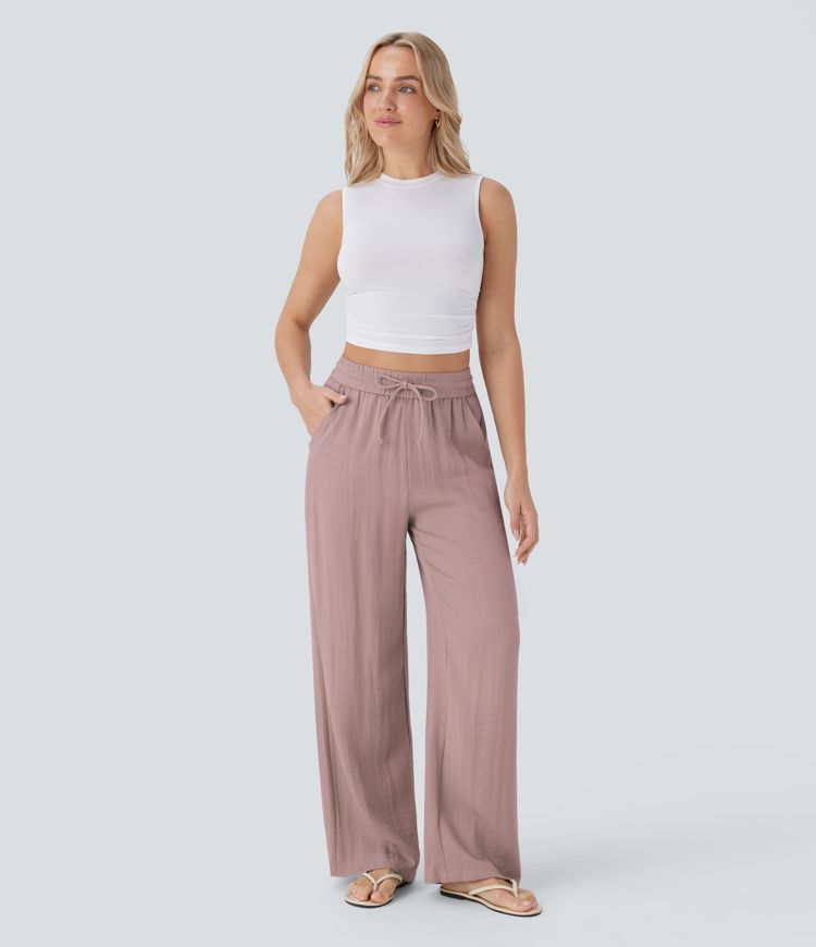 Casual trousers with a linen feel, high waist, drawstring at the side and wide leg