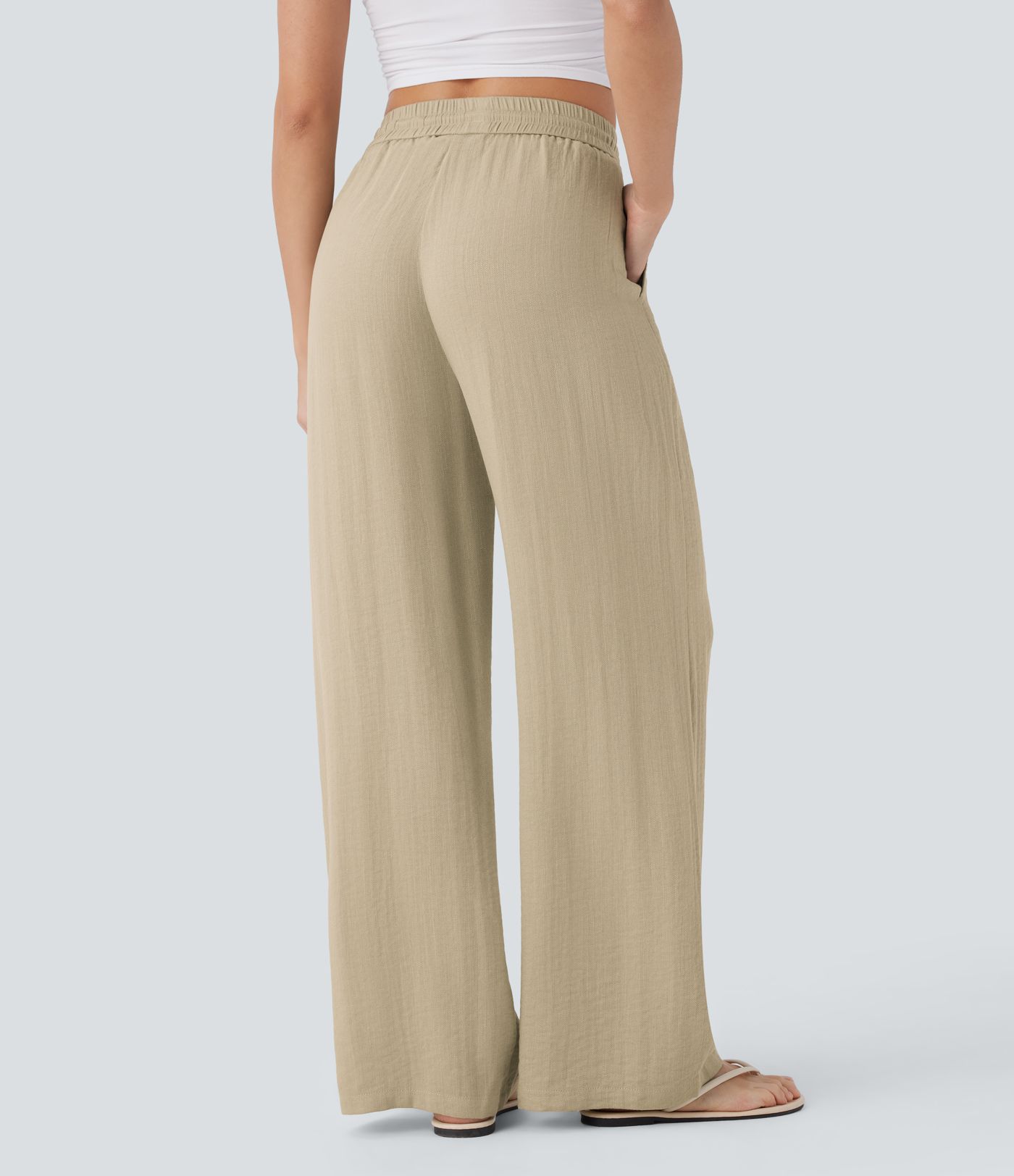 High Waisted Drawstring Pocket Wide Leg Casual Linen-Feel Pants