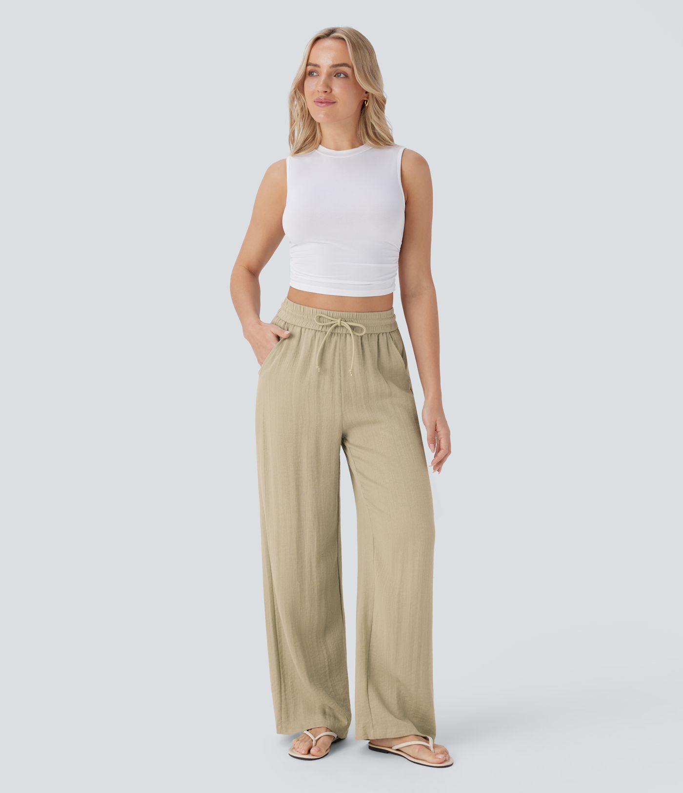 High Waisted Drawstring Pocket Wide Leg Casual Linen-Feel Pants