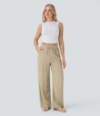 High Waisted Drawstring Pocket Wide Leg Casual Linen-Feel Pants
