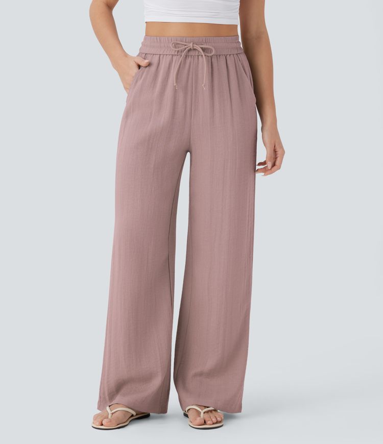 Casual trousers with a linen feel, high waist, drawstring at the side and wide leg