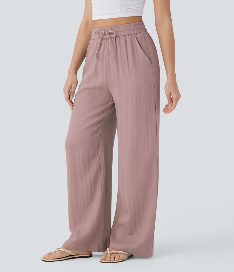 Casual trousers with a linen feel, high waist, drawstring at the side and wide leg