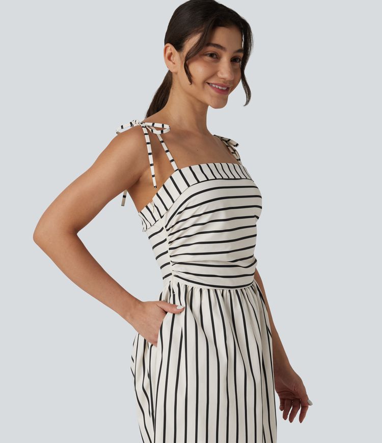 Lace Up Stripe Midi Slip Dress with Pockets