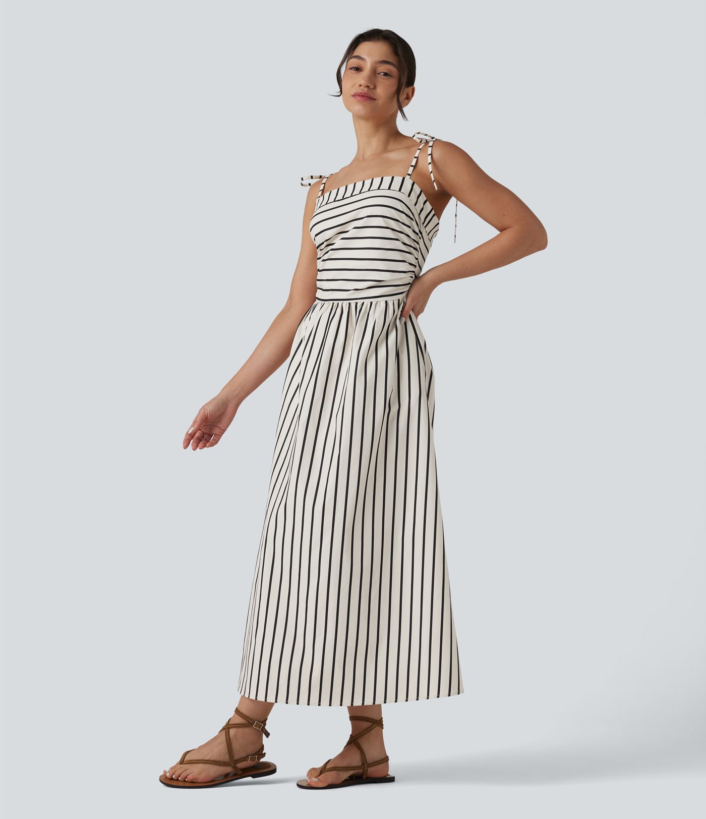Lace Up Stripe Midi Slip Dress with Pockets