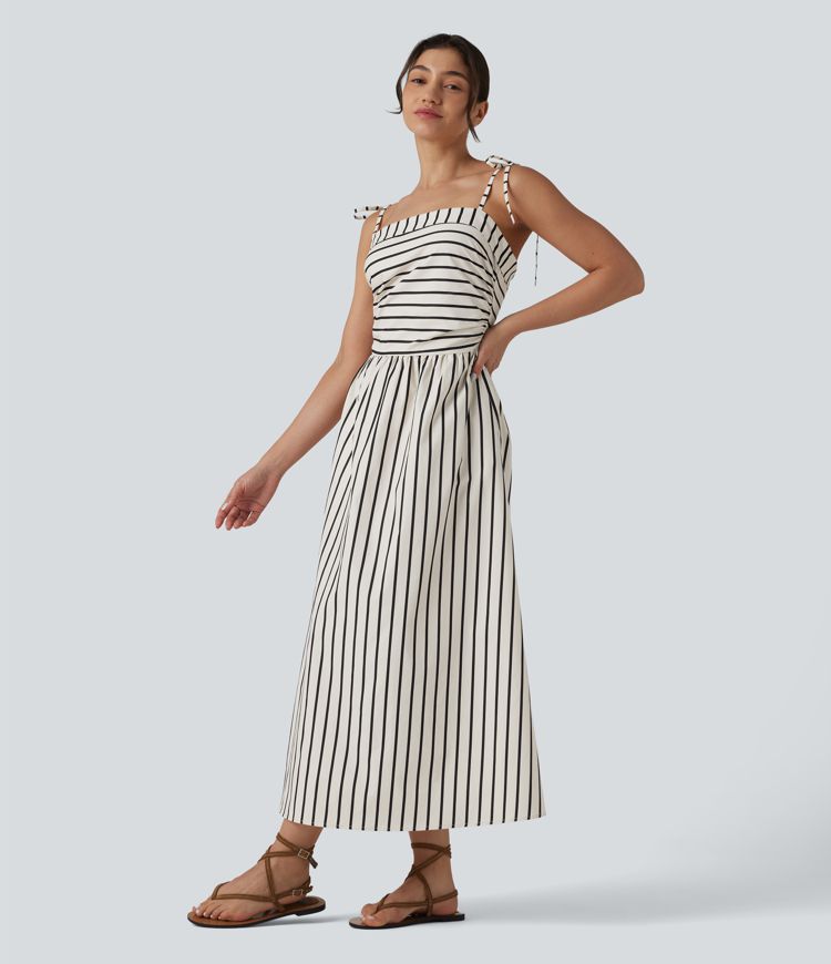 Lace Up Stripe Midi Slip Dress with Pockets