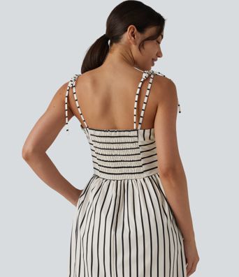 Lace Up Stripe Midi Slip Dress with Pockets