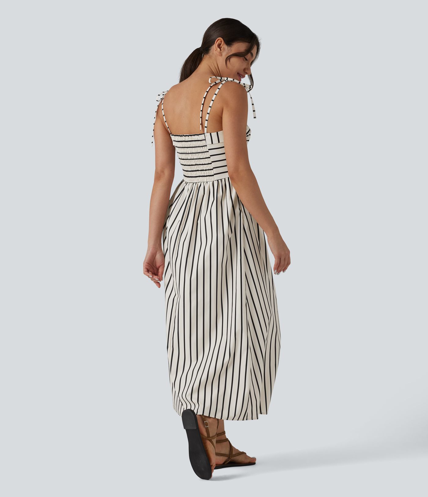 Lace Up Stripe Midi Slip Dress with Pockets