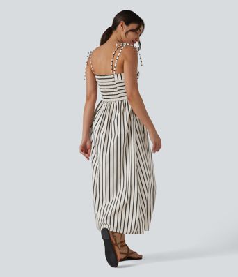 Lace Up Stripe Midi Slip Dress with Pockets