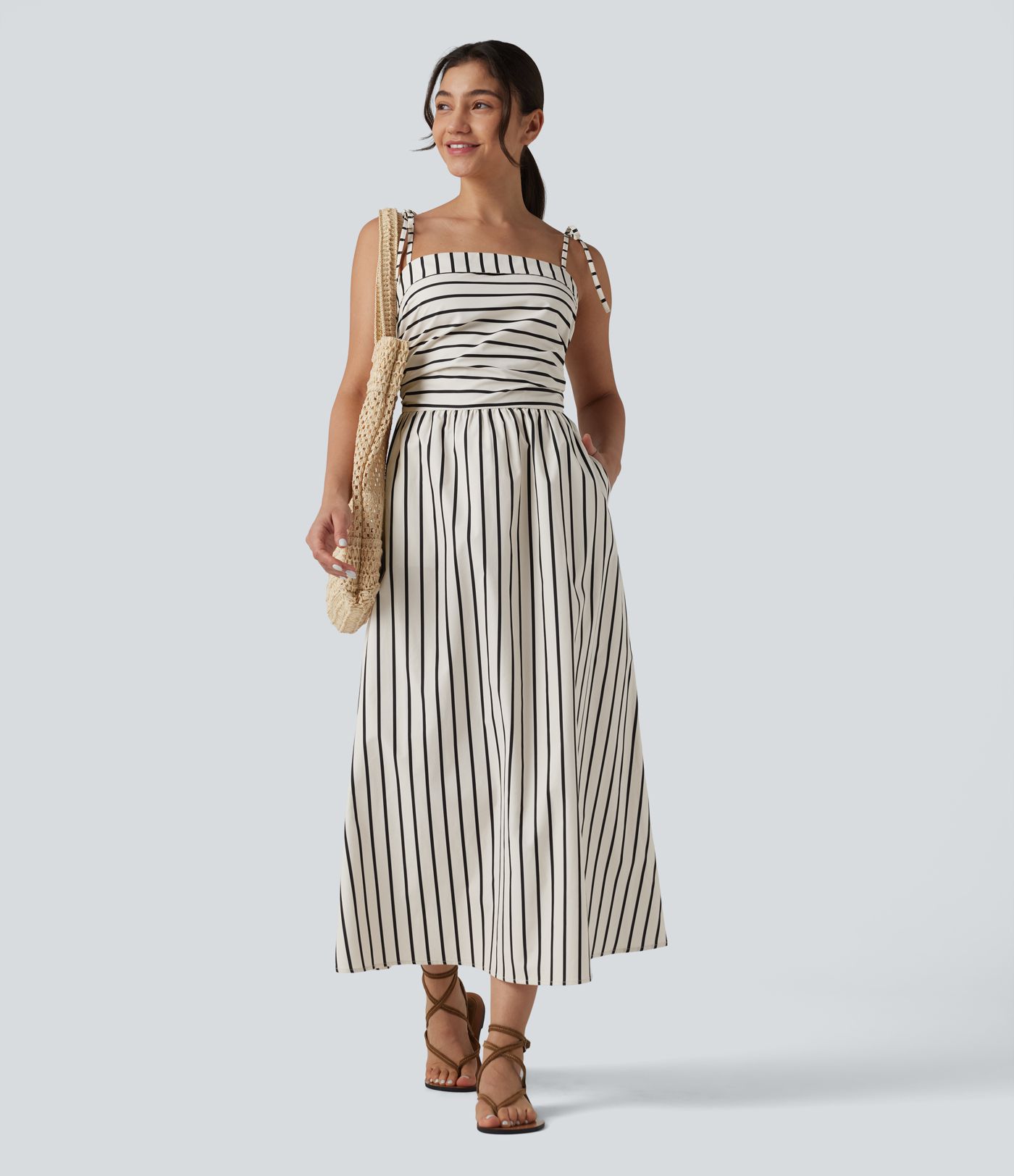 Lace Up Stripe Midi Slip Dress with Pockets
