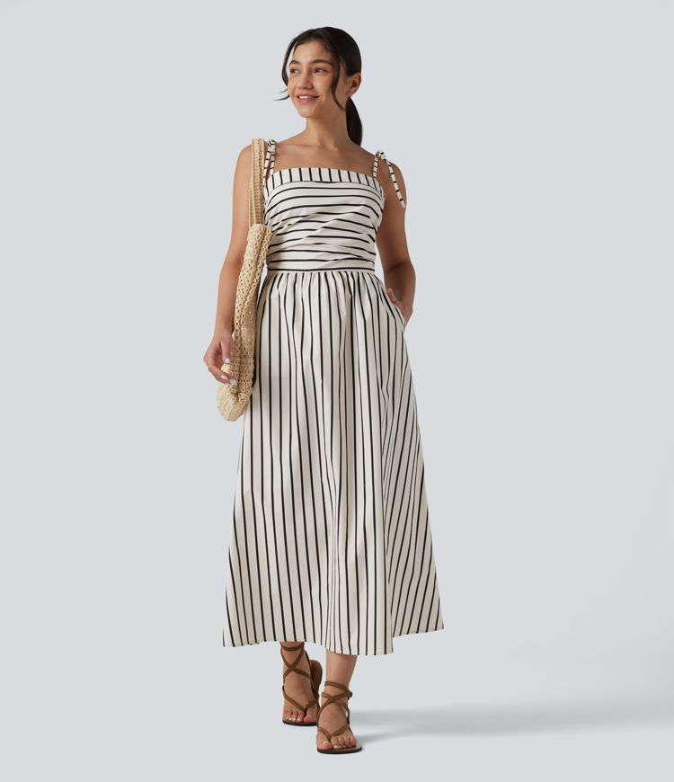 Lace Up Stripe Midi Slip Dress with Pockets
