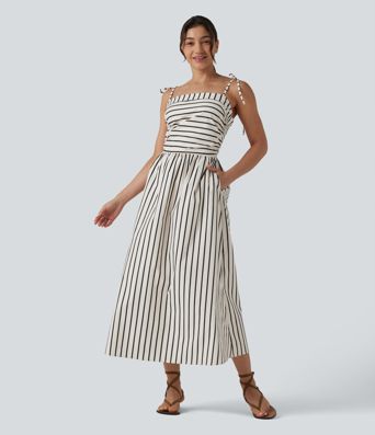 Lace Up Stripe Midi Slip Dress with Pockets