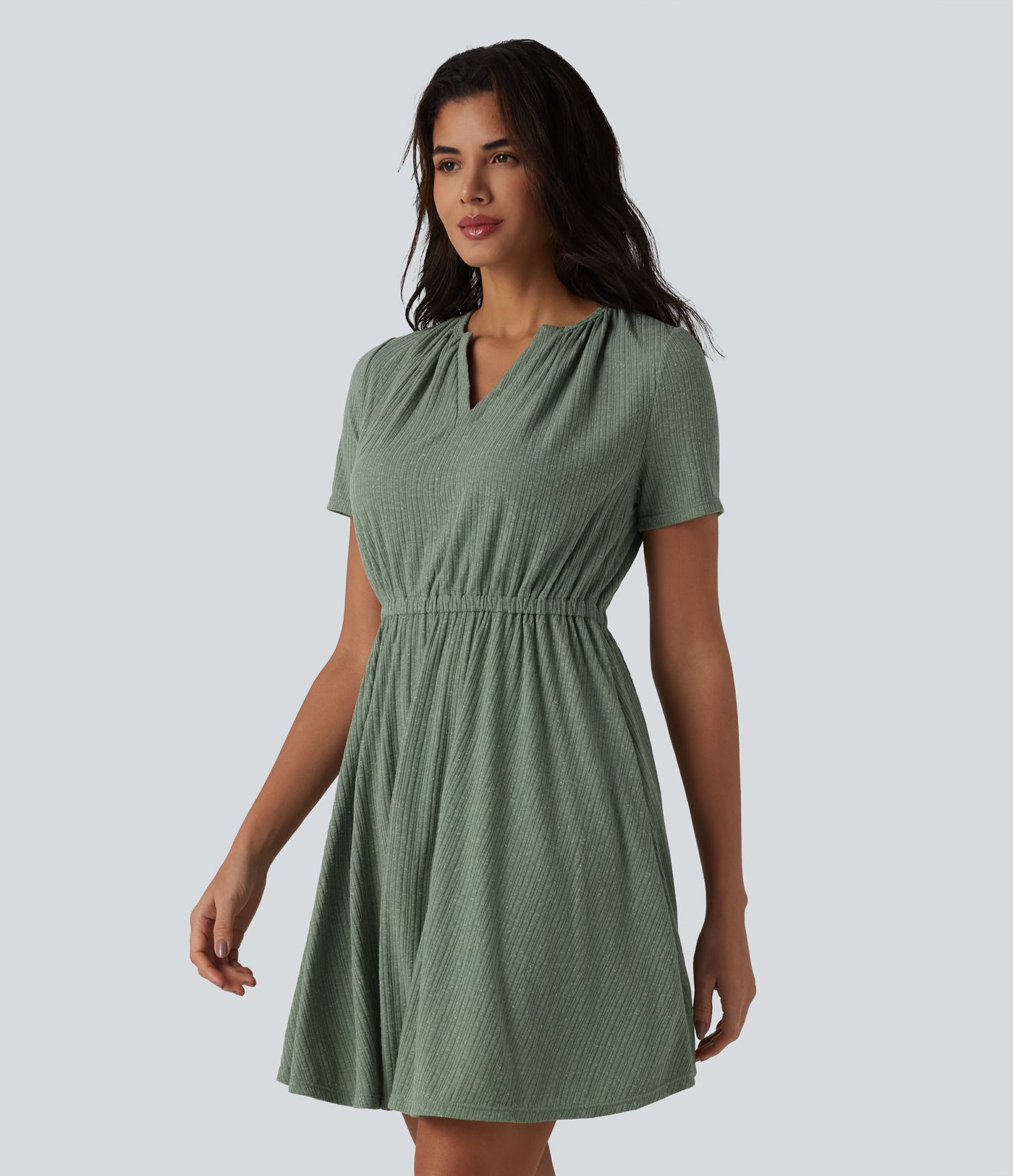Ribbed Knit V Neck Short Sleeve Flare Mini Casual Linen-Blend Dress