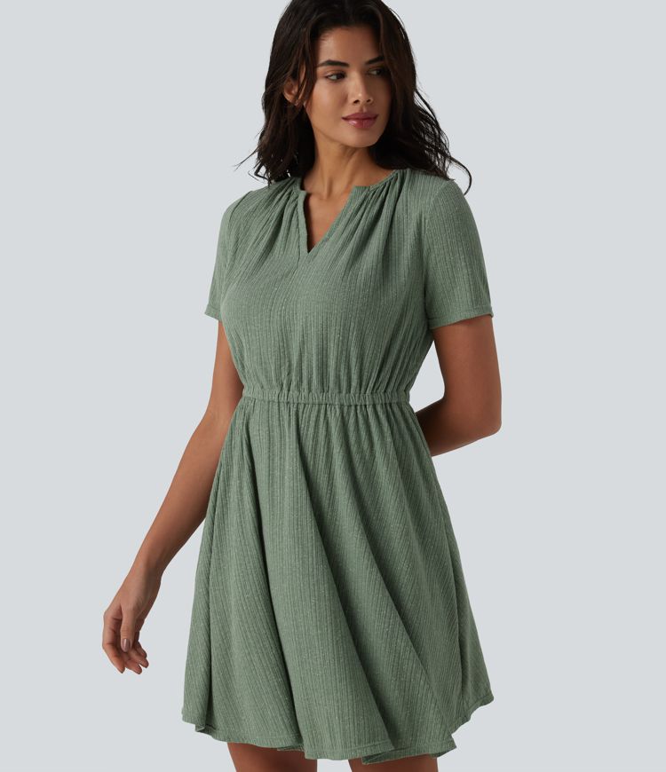 Ribbed Knit V Neck Short Sleeve Flare Mini Casual Linen-Blend Dress
