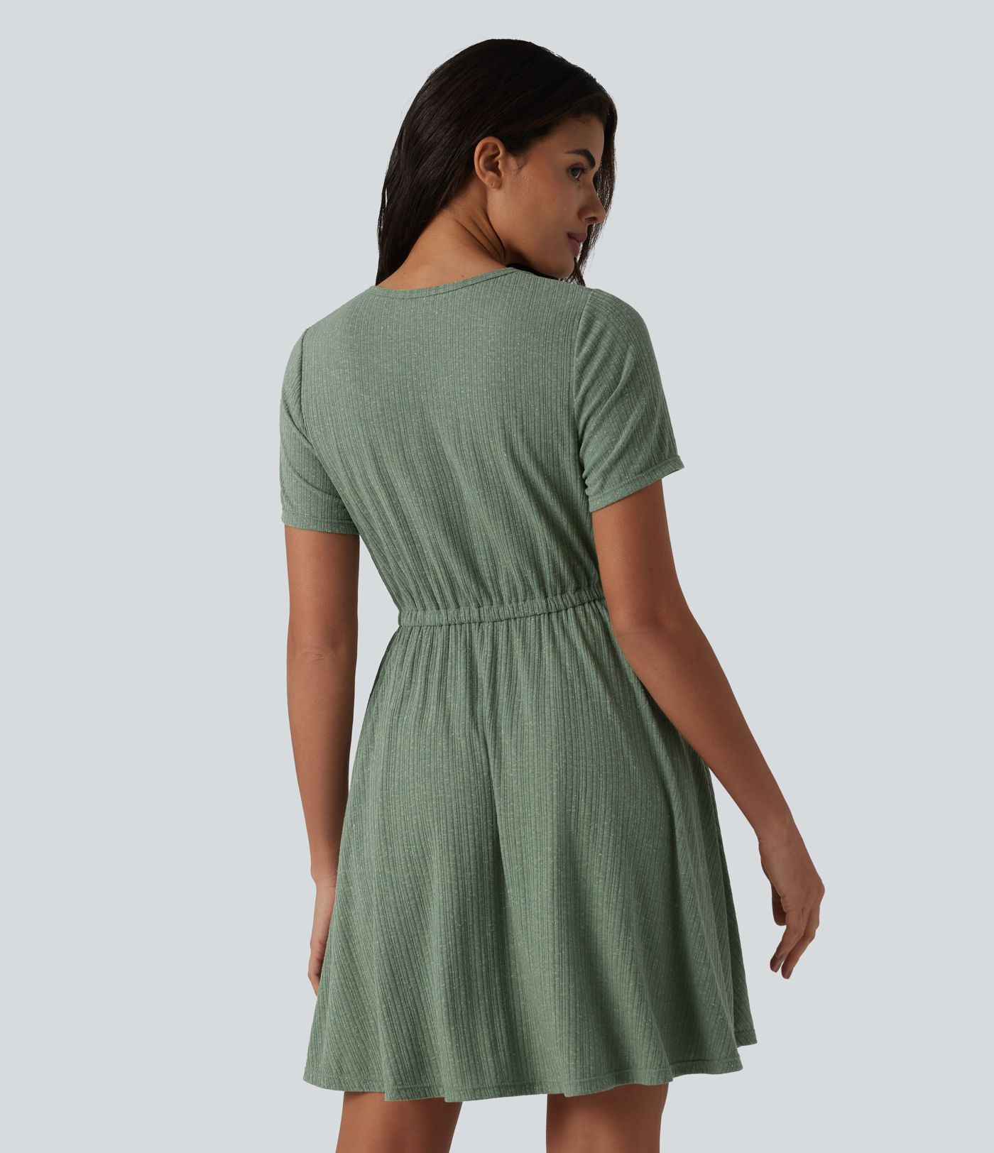Ribbed Knit V Neck Short Sleeve Flare Mini Casual Linen-Blend Dress
