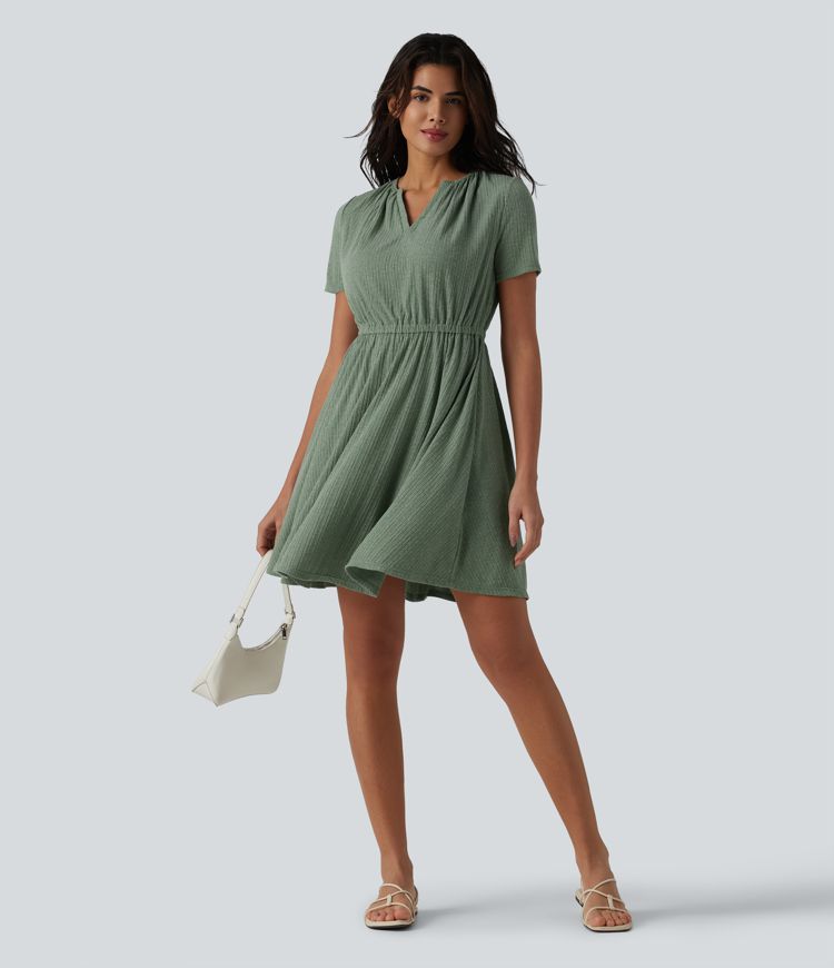 Ribbed Knit V Neck Short Sleeve Flare Mini Casual Linen-Blend Dress