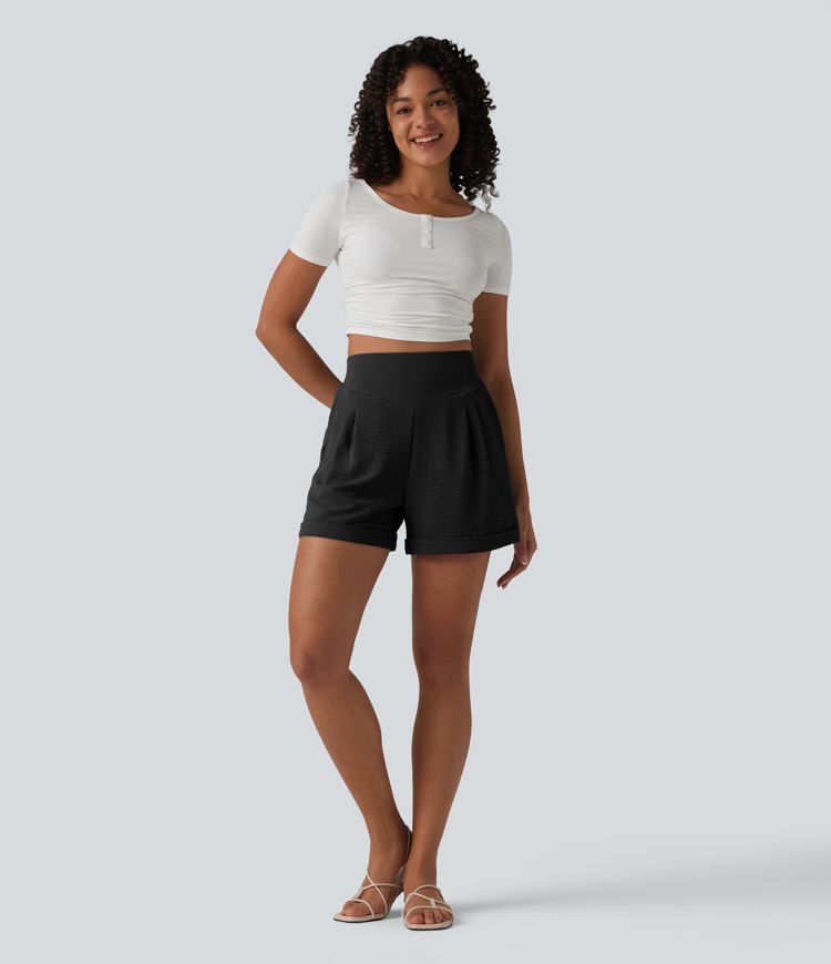Lässige Shorts in Leinenoptik mit hohem Bund und Seitentaschen - 10,2 cm