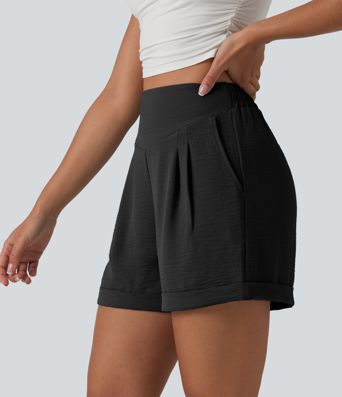 Lässige Shorts in Leinenoptik mit hohem Bund und Seitentaschen - 10,2 cm