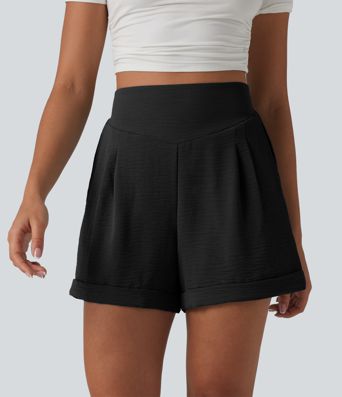 Lässige Shorts in Leinenoptik mit hohem Bund und Seitentaschen - 10,2 cm