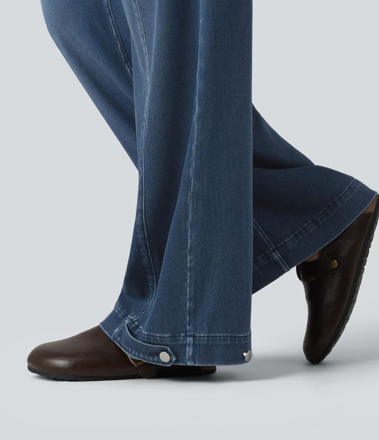 Halara Flex™ Mid Rise Adjustable Hem Draped Washed Casual Baggy Wide Leg Jeans with Pockets