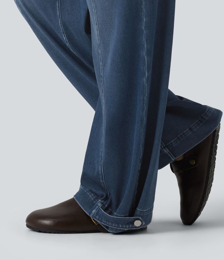 Halara Flex™ Mid Rise Adjustable Hem Draped Washed Casual Baggy Wide Leg Jeans with Pockets