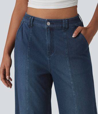 Halara Flex™ Mid Rise Adjustable Hem Draped Lyocell Washed Casual Baggy Wide Leg Jeans with Pockets