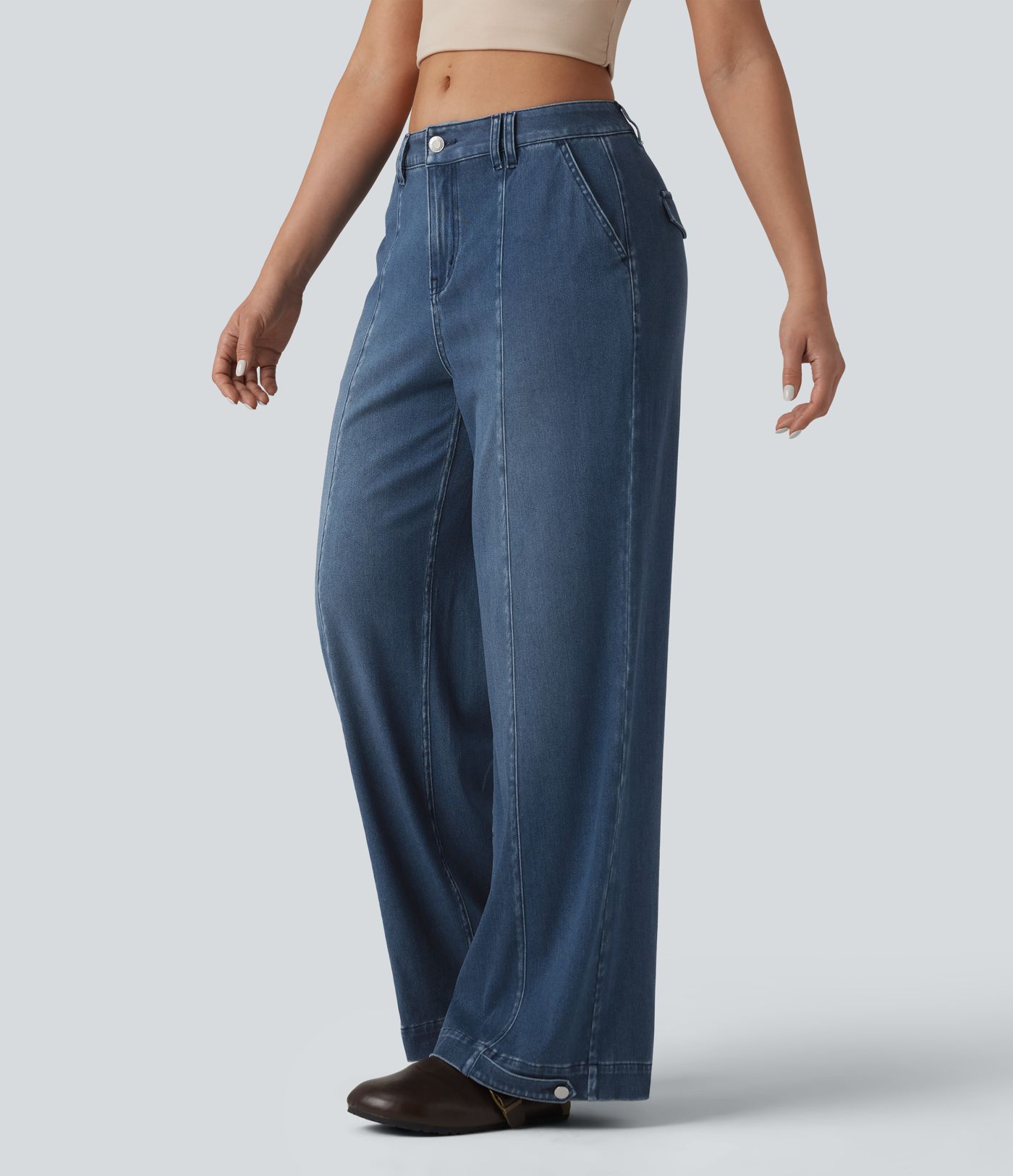Halara Flex™ Mid Rise Adjustable Hem Draped Washed Casual Baggy Wide Leg Jeans with Pockets