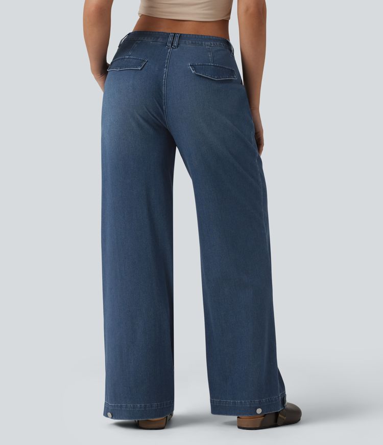 Halara Flex™ Mid Rise Adjustable Hem Draped Washed Casual Baggy Wide Leg Jeans with Pockets