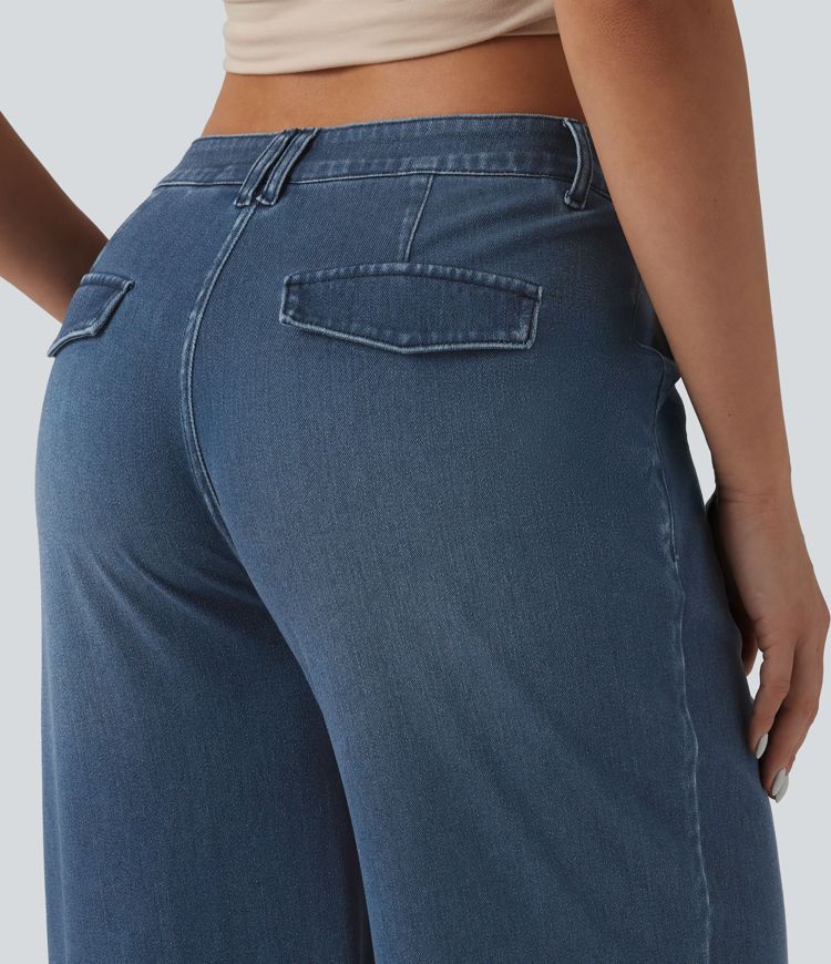 Halara Flex™ Mid Rise Adjustable Hem Draped Washed Casual Baggy Wide Leg Jeans with Pockets