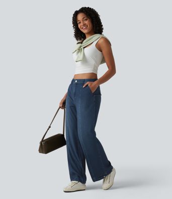 Halara Flex™ Mid Rise Adjustable Hem Draped Lyocell Washed Casual Baggy Wide Leg Jeans with Pockets
