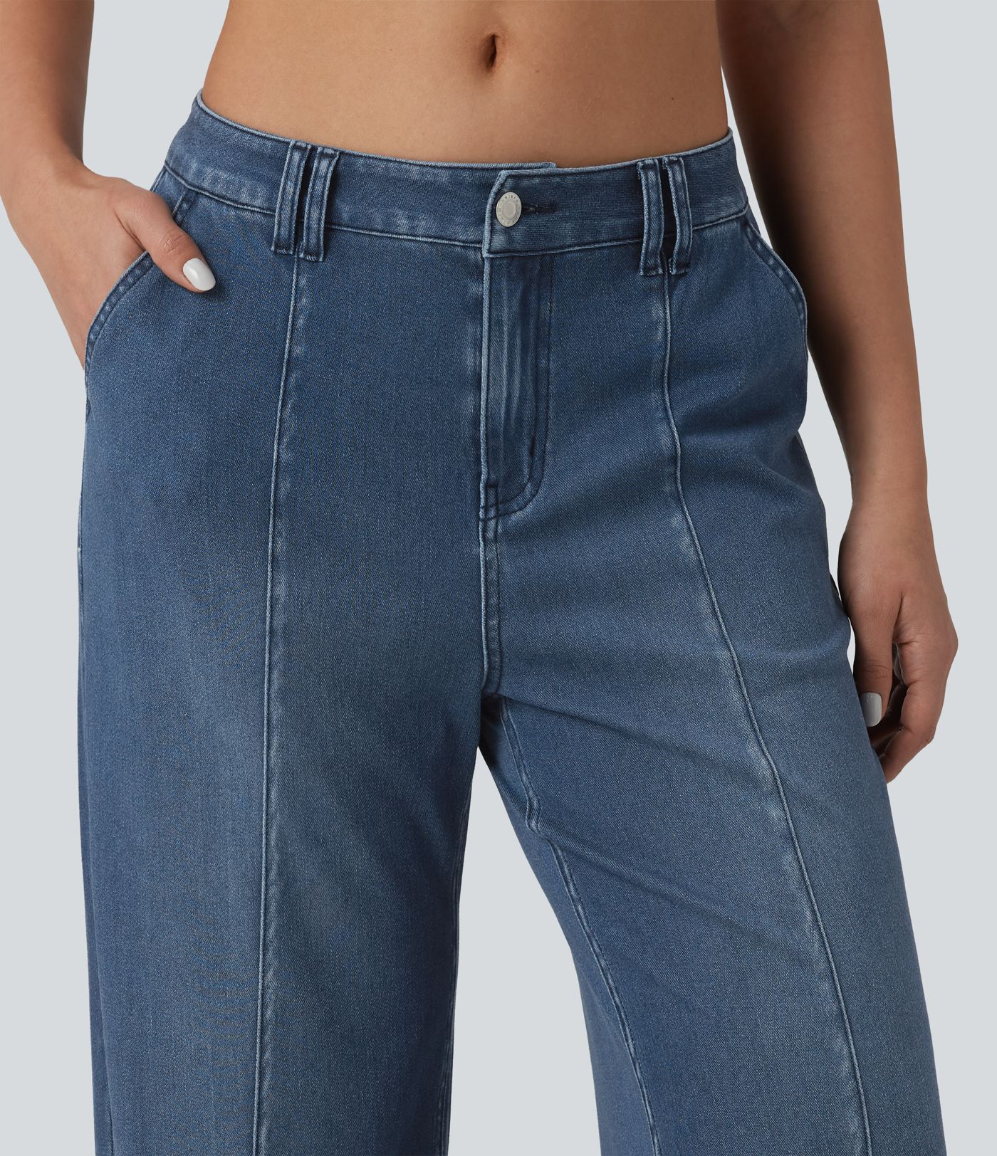 Halara Flex™ Mid Rise Adjustable Hem Draped Washed Casual Baggy Wide Leg Jeans with Pockets