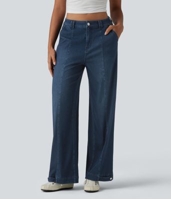 Halara Flex™ Mid Rise Adjustable Hem Draped Lyocell Washed Casual Baggy Wide Leg Jeans with Pockets