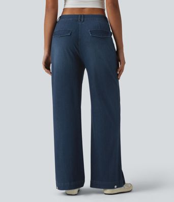 Halara Flex™ Mid Rise Adjustable Hem Draped Lyocell Washed Casual Baggy Wide Leg Jeans with Pockets