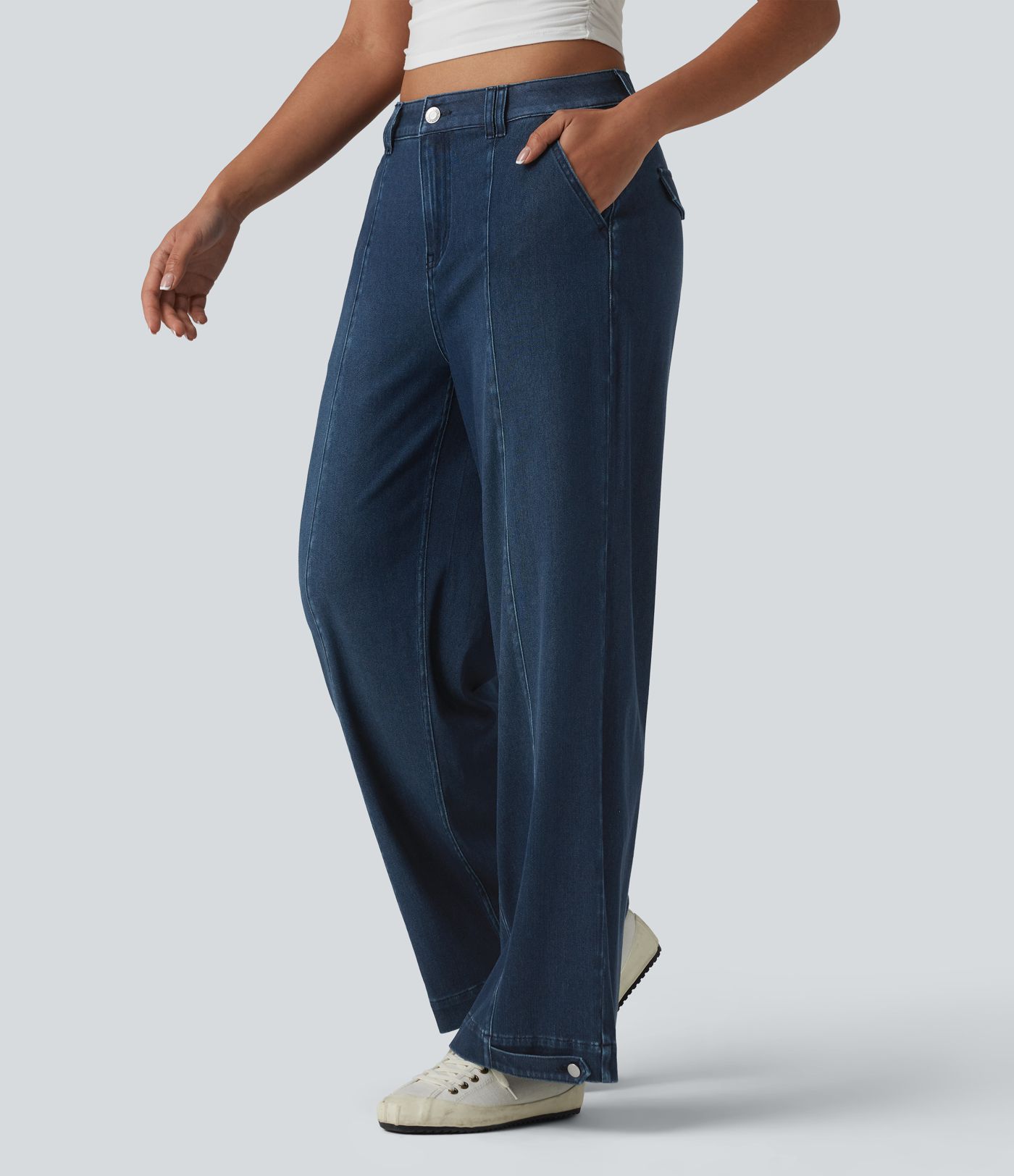 Halara Flex™ Mid Rise Adjustable Hem Draped Lyocell Washed Casual Baggy Wide Leg Jeans with Pockets