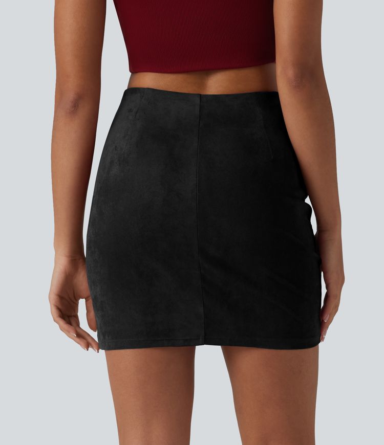 High Waisted Ruched Crossover Hem Bodycon Mini Suede Casual Skirt-Longer Length